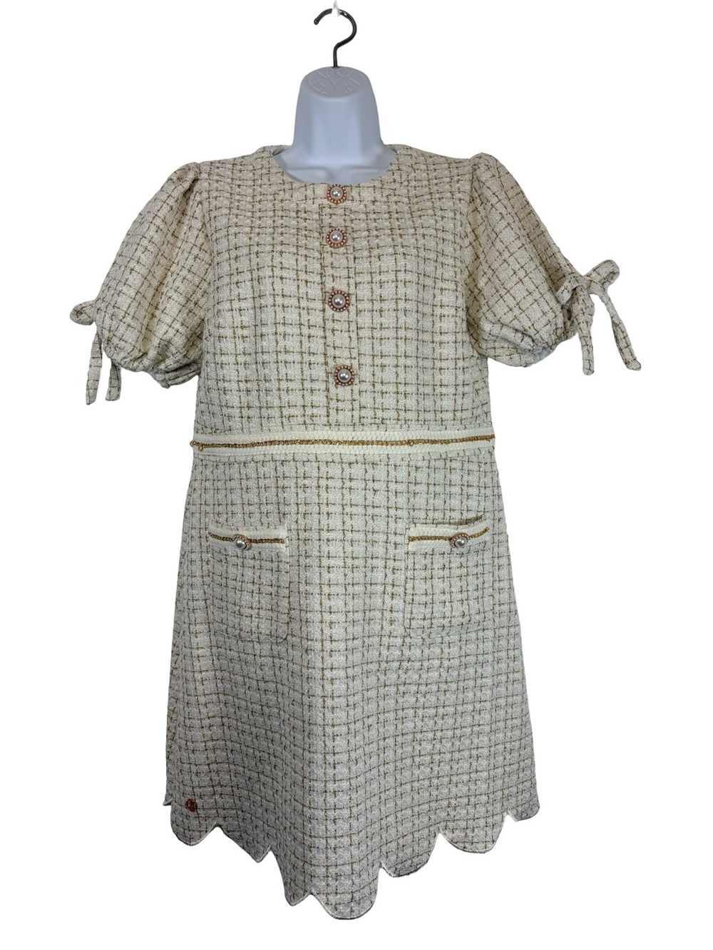 Simply Southern Cream Tweed Puff-Sleeve Scalloped Hem Mini Dress SzL - Picture 2 of 16